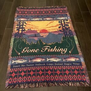 Vintage Gone Fishing Blanket Woven Tapestry Aztec Throw Sunset Fly Fish 63x43"